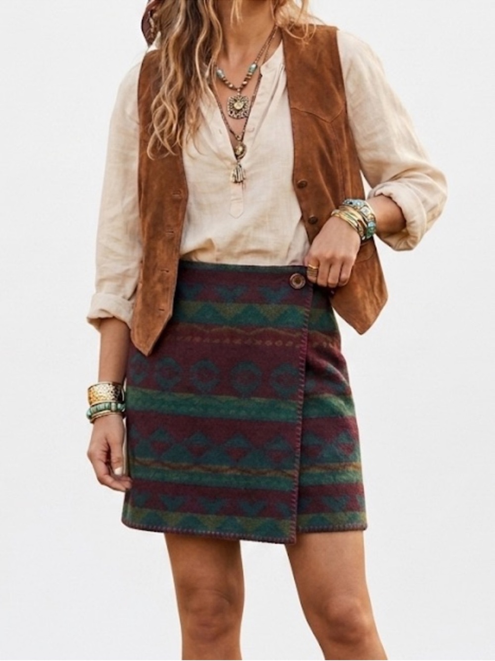 Vintage Wool Blend Aztec Geometric Wrap Mini Skirt Small Boho Lined